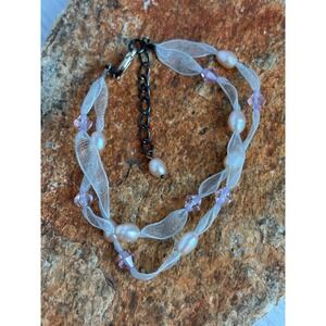 925 Sterling Silver Freshwater Pearl Lavender Crystal Mesh Ribbon Bracelet P185